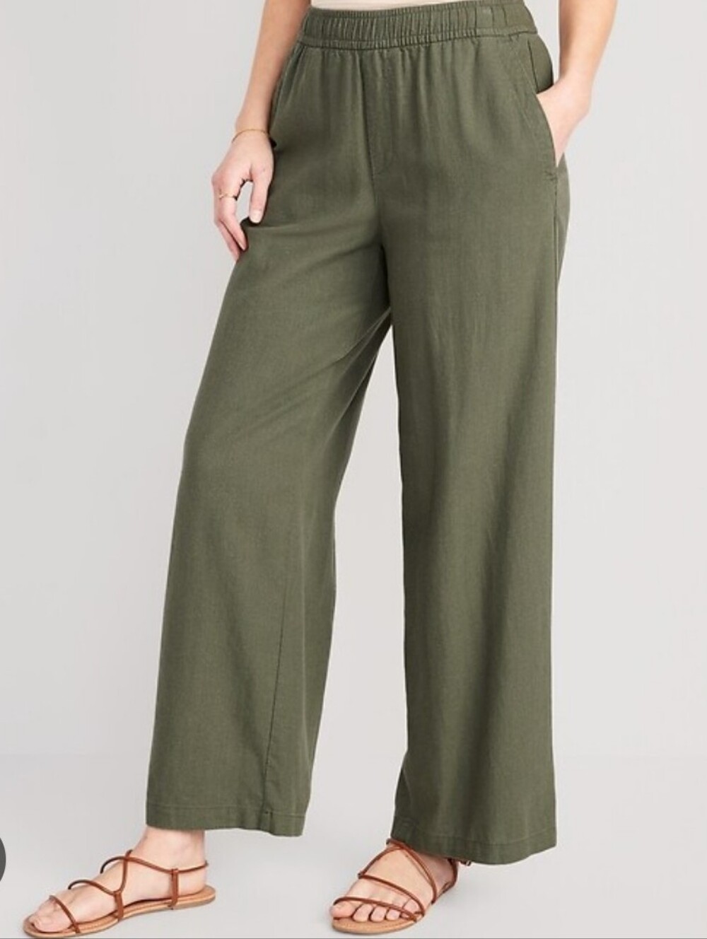 High-Waisted Linen-Blend Wide-Leg Pants - Olive Green